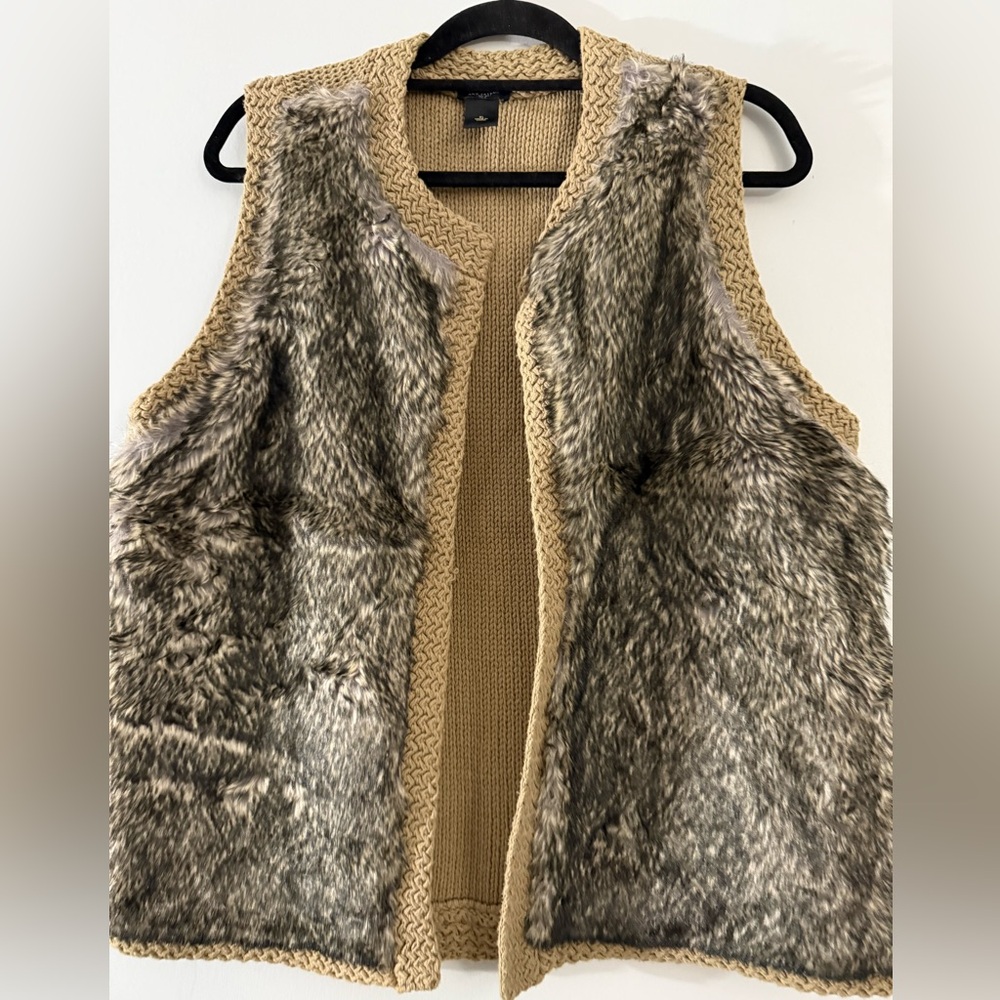 Ann Taylor Tan and Gray Faux Fur Sweater Vest